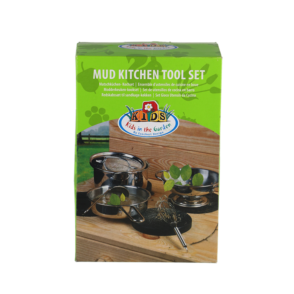 Green box packaging for Mud Kitchen Toolset 6 Piece showing stainless steel pots, sieve, and whisk on wooden surface.