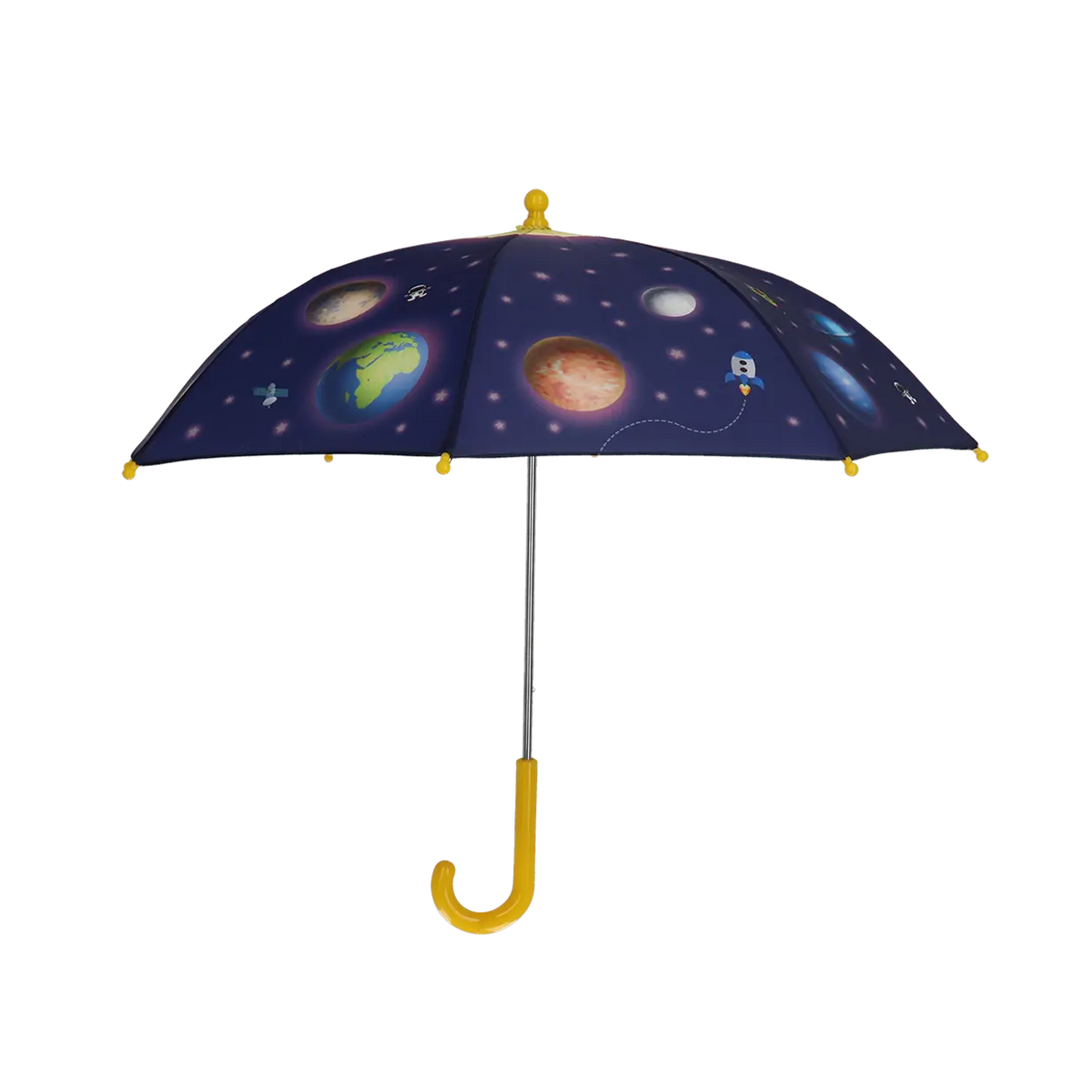 Kids umbrella with dark blue canopy featuring colorful planets, stars, and a yellow curved handle.
