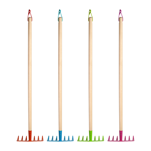 Children's colorful garden rake with poplar wood handle and hanging loop, perfect for little gardeners - Keans Claremorris