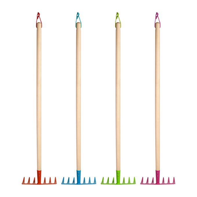 Children's colorful garden rake with poplar wood handle and hanging loop, perfect for little gardeners - Keans Claremorris