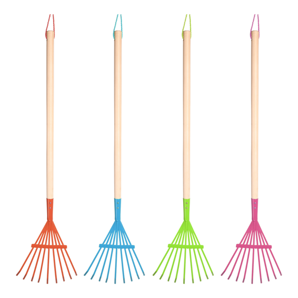 Children's lawn rake with poplar wood handle, cheerful colors, hanging loop for storage – Keans Claremorris.