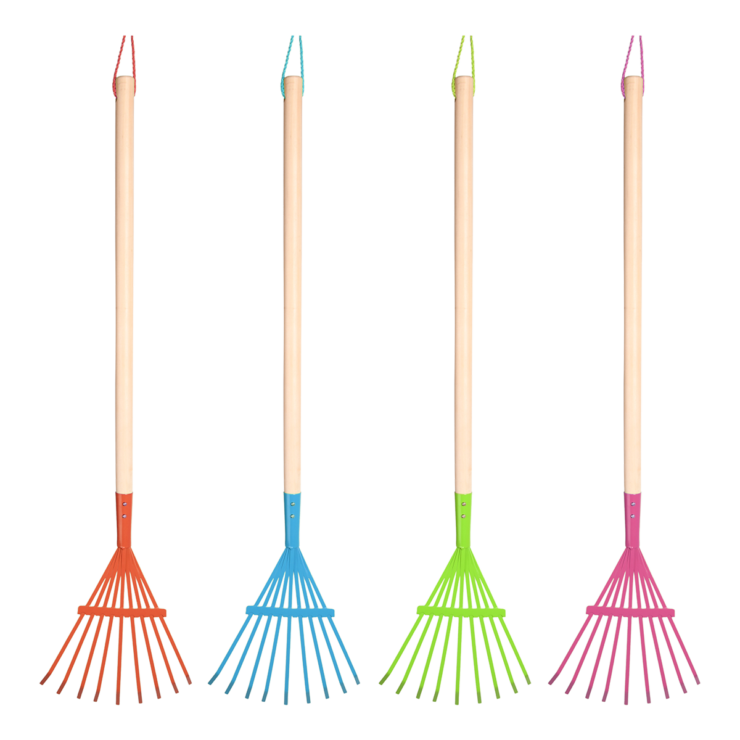 Children's lawn rake with poplar wood handle, cheerful colors, hanging loop for storage – Keans Claremorris.