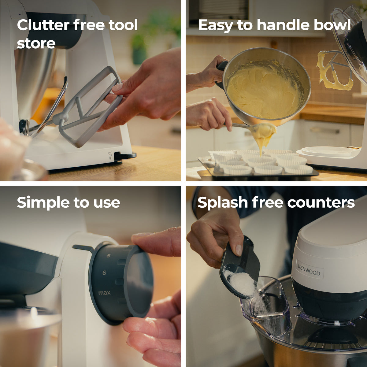 Close-up views of a white Kenwood Multi Tasker Stand Mixer showing attachment storage, mixing bowl with batter, speed
