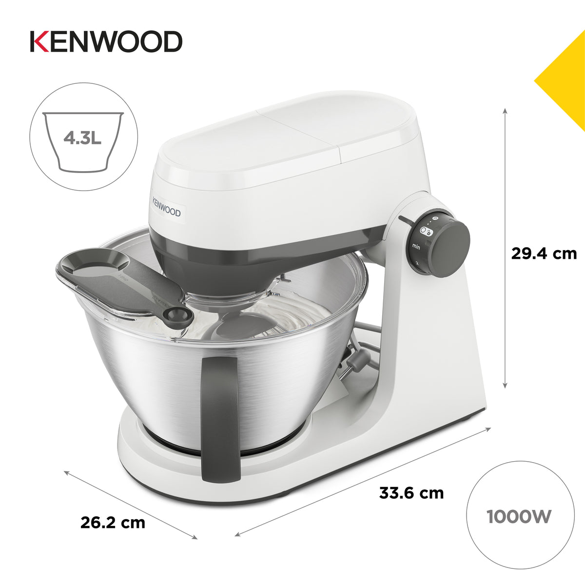 Kenwood Multi Tasker Stand Mixer in white with stainless steel bowl and control dial on the side