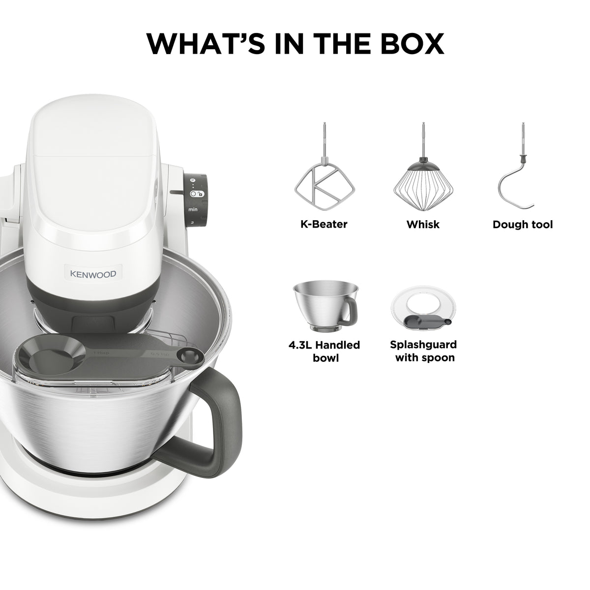 Kenwood Multi Tasker Stand Mixer in white with 4.3L bowl, K-Beater, whisk, dough tool, splashguard, and spoon.