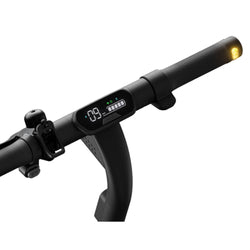 Close-up of a black scooter Segway E2 PRO D handlebar with digital display on a white background