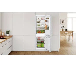 BOSCH Series 2 Integrated 60/40 fridge freezer with fixed hinge, open doors showing organized interior compartments.