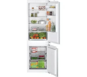 Bosch Series 2 Integrated 60/40 fridge freezer with open doors showing adjustable shelves and storage compartments.