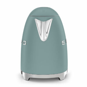 Smeg Emerald Green kettle shown from the spout side with chrome accents and logo visible.