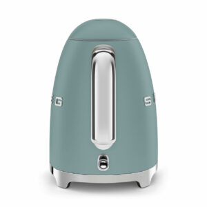 Smeg kettle in pastel blue, front view showing handle and power switch on base