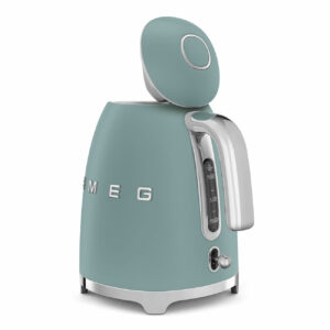 Smeg emerald green kettle with open lid, chrome handle, and water level indicator on white background.