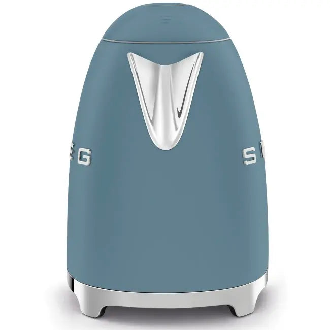 Smeg 50’s Retro Style 1.7L kettle in storm blue, front view with chrome spout and base details