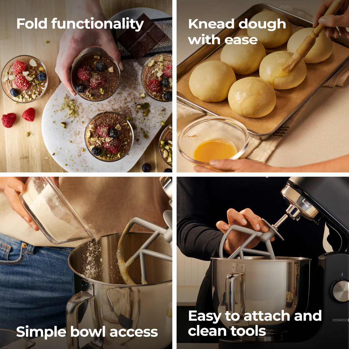 Four-panel collage showing dessert preparation, dough brushing, flour pouring into a Kenwood kMix Stand Mixer bowl, and