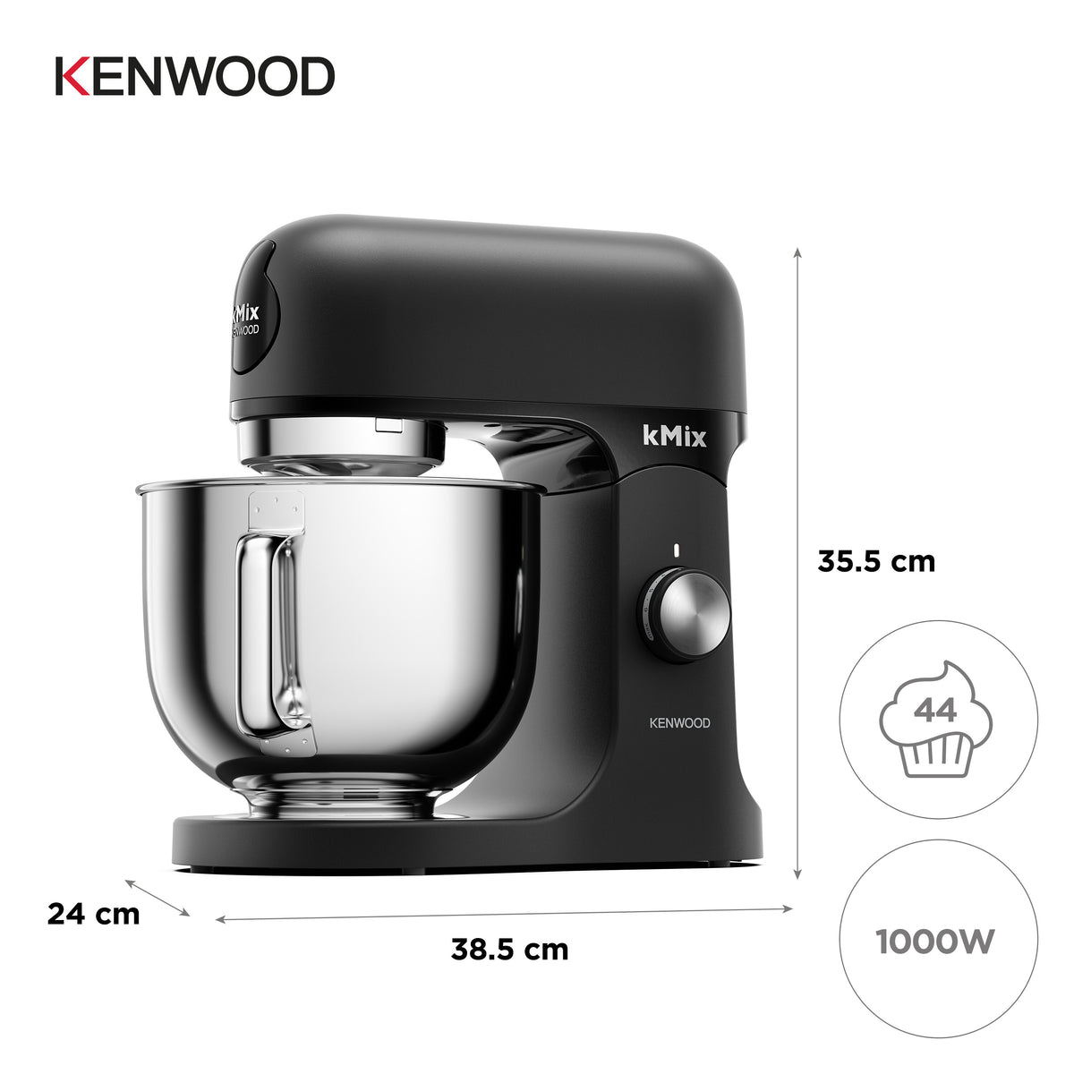 Kenwood kMix black stand mixer with stainless steel bowl and control dial on the side