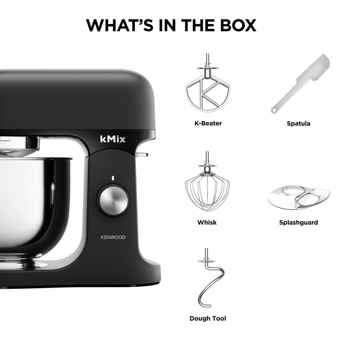 Kenwood kMix black stand mixer with stainless steel bowl and included K-Beater, whisk, spatula, splashguard, and dough tool.