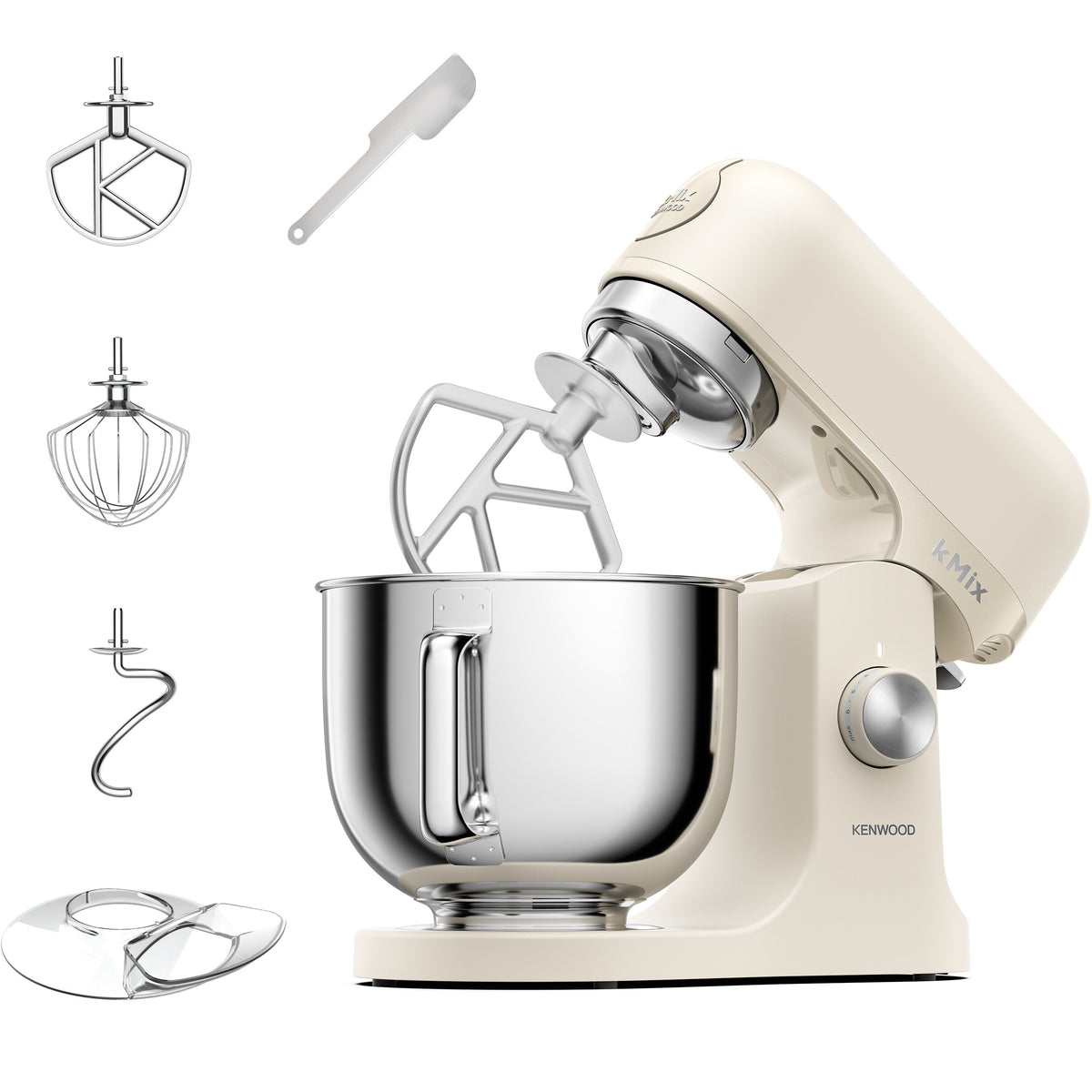 Kenwood kMix cream stand mixer with stainless steel bowl, paddle attachment, and additional accessories displayed separately.