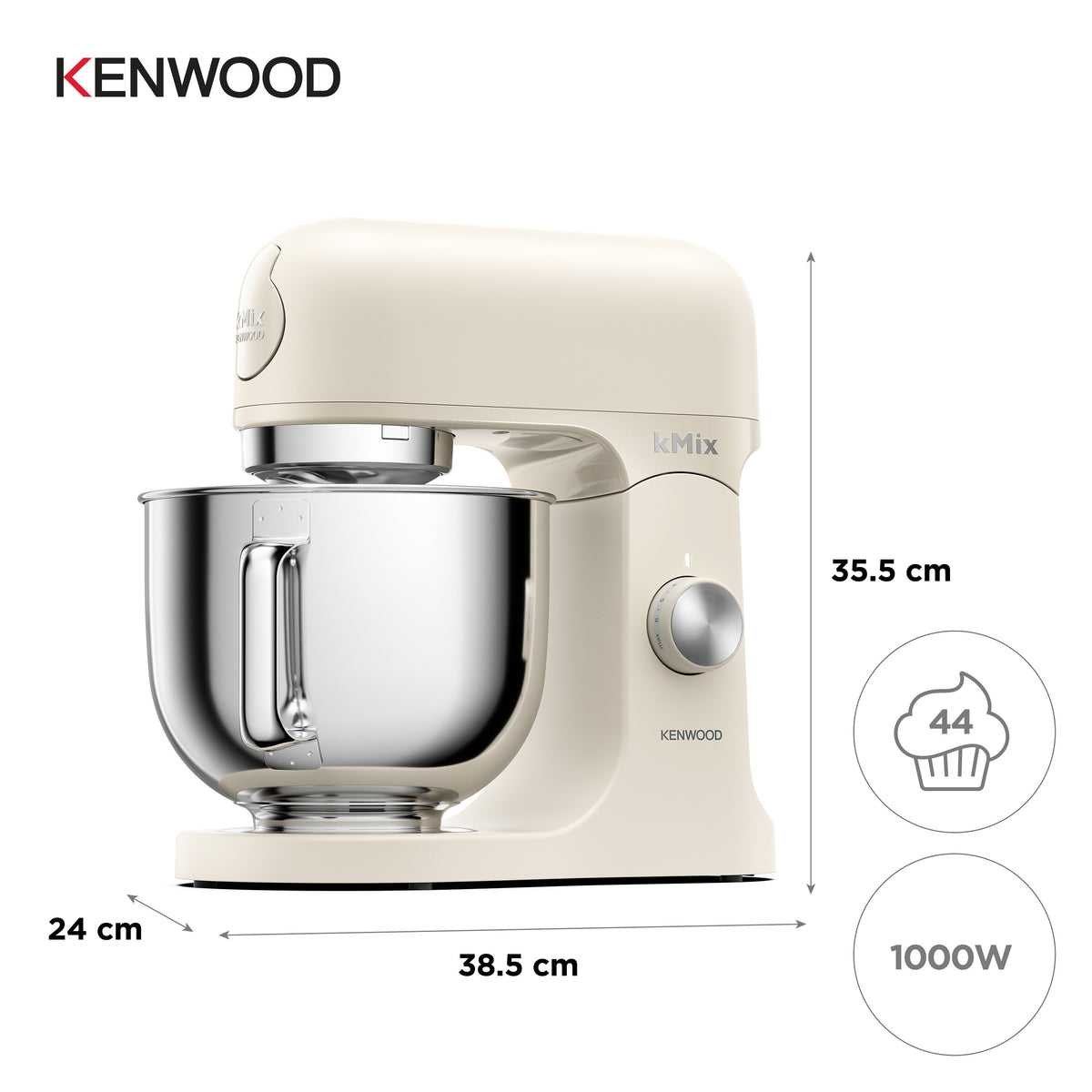 Cream Kenwood kMix stand mixer with stainless steel mixing bowl and control dial on the side