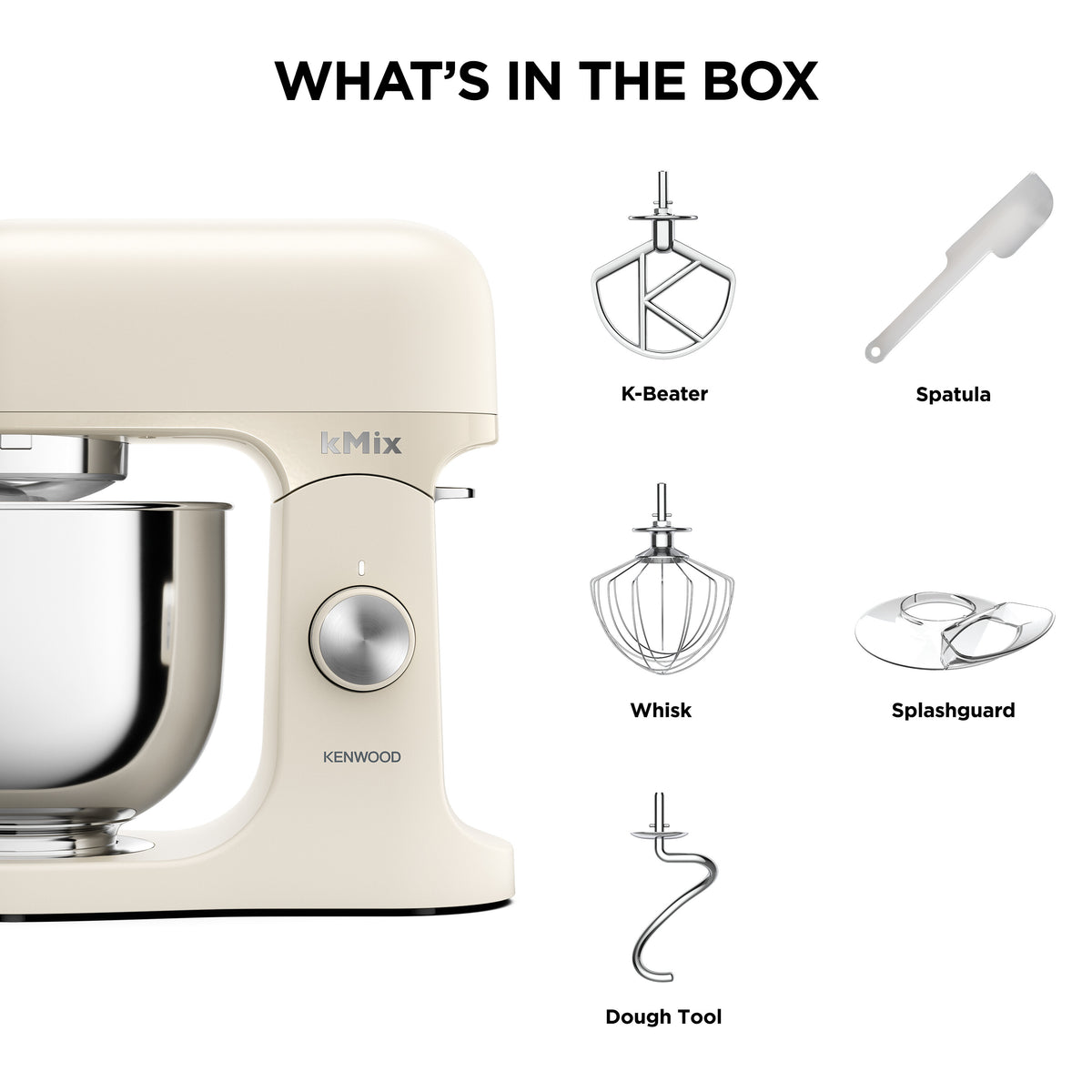 Cream Kenwood kMix stand mixer with stainless steel bowl and included attachments: K-Beater, spatula, whisk, splashguard