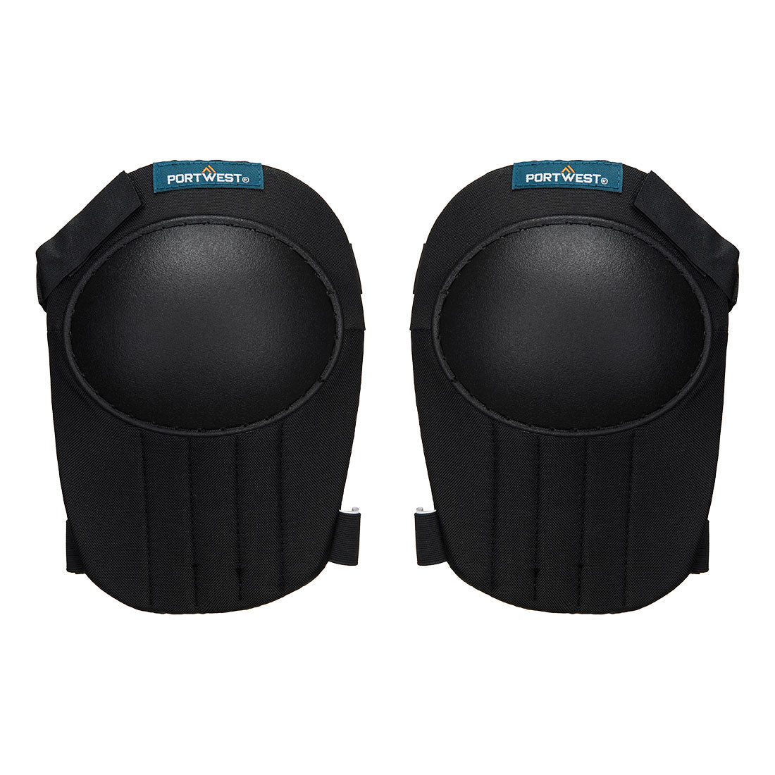 Pair of black lightweight kneepads with hard outer shells and adjustable straps, front view.