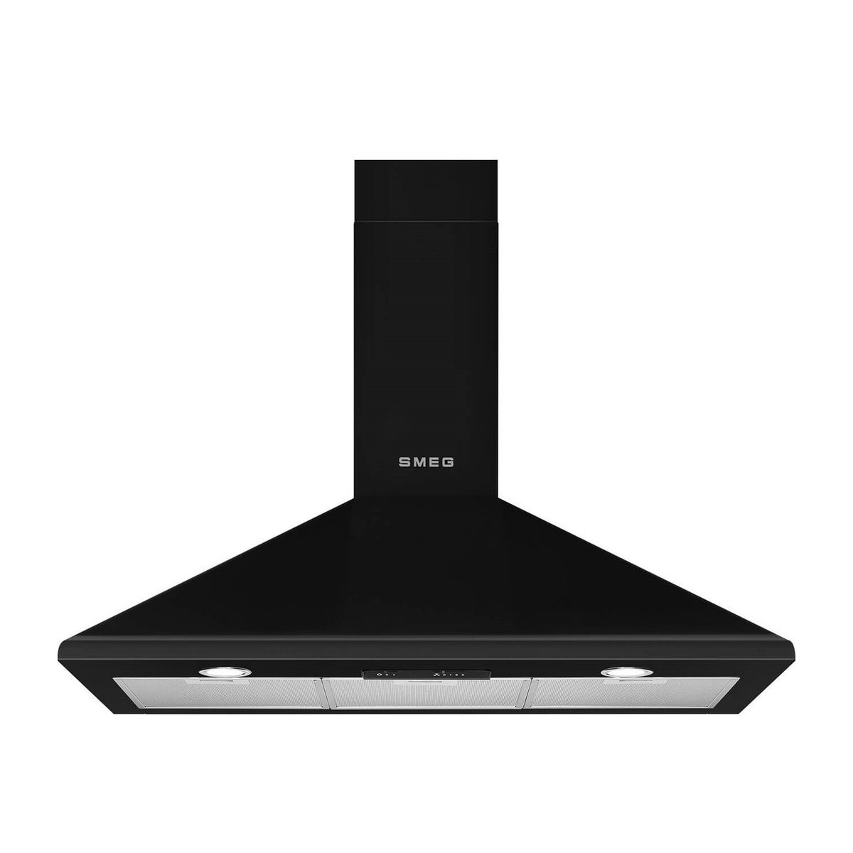 Smeg 90cm black chimney cooker hood with powerful 595m³/h extraction, LED lights, dishwasher-safe filters – available at