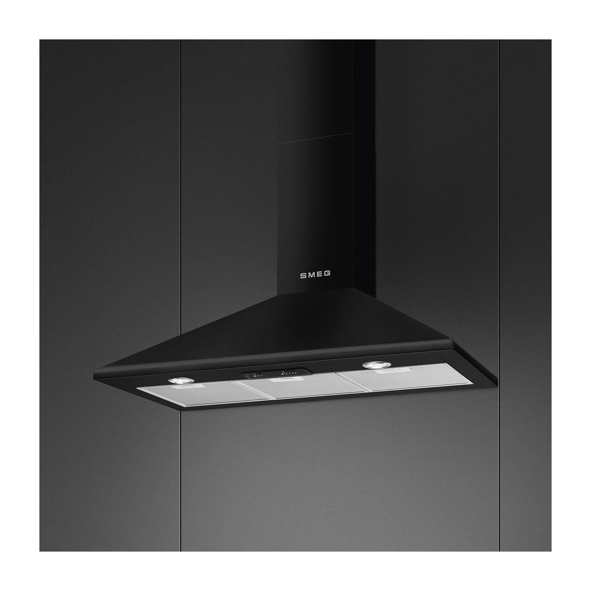 Smeg 90cm Black Chimney Cooker Hood, sleek design, powerful ventilation – available at Keans Claremorris.