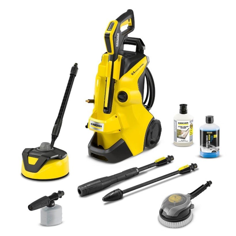 Karcher K4 Power Control Flex pressure washer with patio cleaner, wash brush, lances, and two cleaning solution bottles.