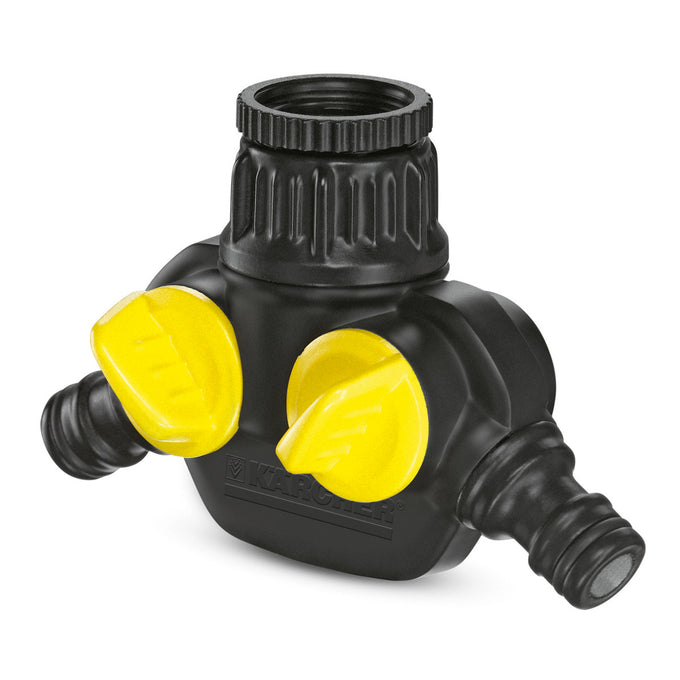 Karcher 2 Way Tap Adaptor with dual outlets, independent flow control, G3/4 + G1/2 fittings, available at Keans Claremorris