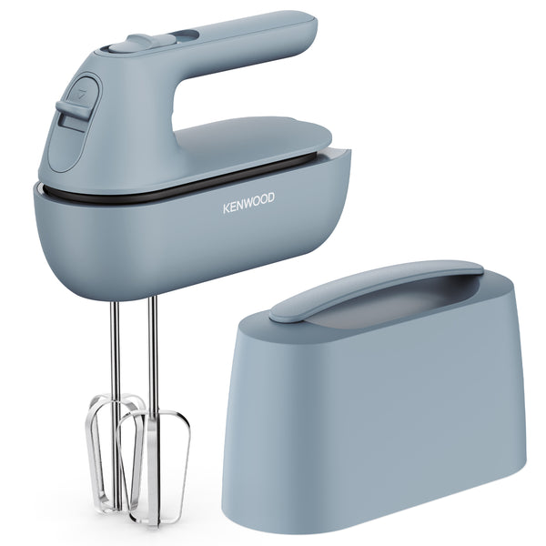 Blue hand mixer with attachments on a white background