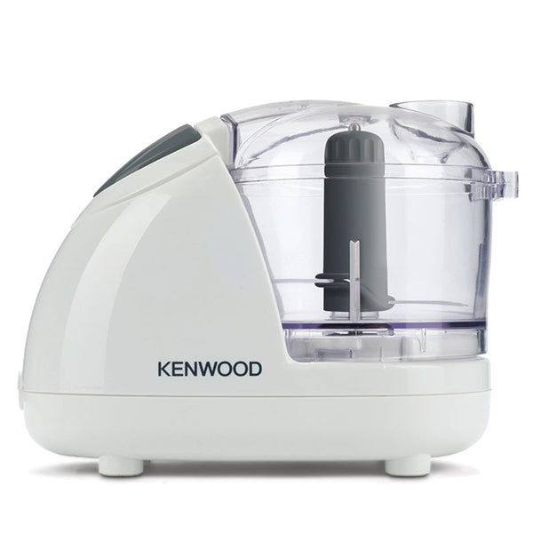 A Kenwood food processor with a white base, clear plastic bowl, and dark gray blade, shown on a clean white background.