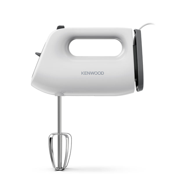 A Kenwood hand mixer with a white plastic body, silver metal beaters, and a black side switch, shown against a solid white background.