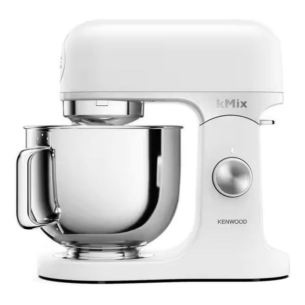 White Kenwood kMix stand mixer with a stainless steel bowl, shown on a clean white background. Shop Deals Here at Keans Claremorris