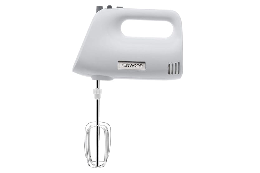 Kenwood Lite HMP30 white hand mixer with stainless steel beaters, side view on white background