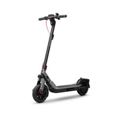 A folding electric scooter with a matte black frame and deck, featuring small red accents on the handlebar cable and wheel hubcaps, shown on a solid white background.