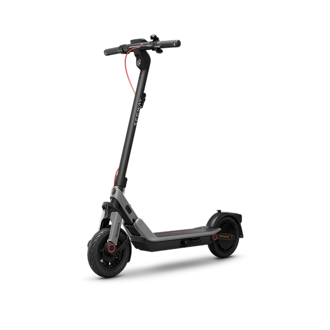 A folding electric scooter with a matte black frame and deck, featuring small red accents on the handlebar cable and wheel hubcaps, shown on a solid white background.