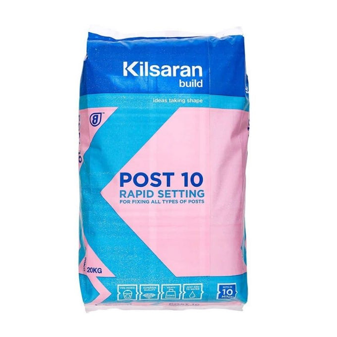 Kilsaran Post 10 Concrete Mix 20kg bag, rapid-setting in 10 minutes, ideal for fencing posts, sold by Keans Claremorris.