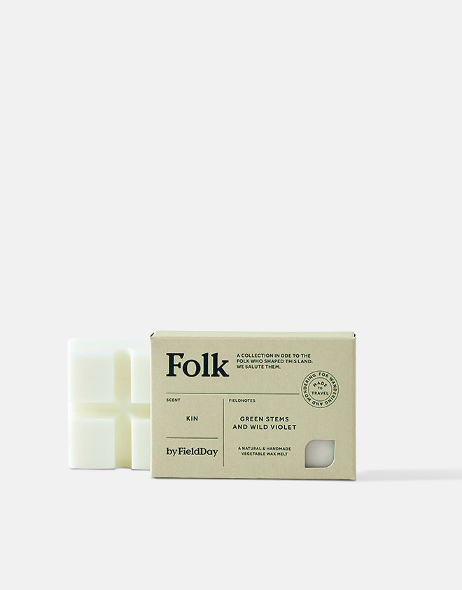 Kin Folk 75g vegan wax melts in recyclable packaging, natural vegetable wax, cruelty-free, by Keans Claremorris.