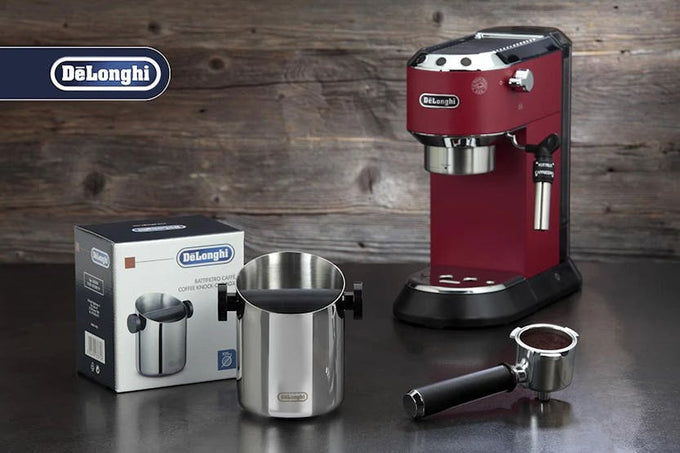 DeLonghi Coffee Knock Box DLSC059 for espresso grounds disposal, durable design | Available at Keans Claremorris