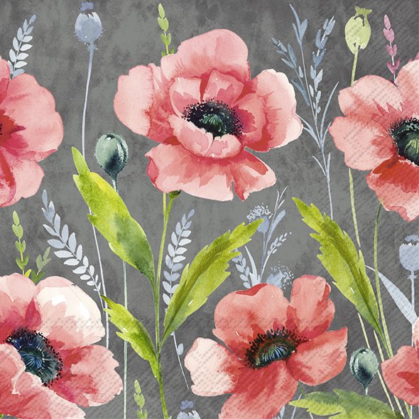 Mohana Grey Lunch Napkins with red floral design, 20 pack, 33x33 cm, eco-friendly, from Keans Claremorris.