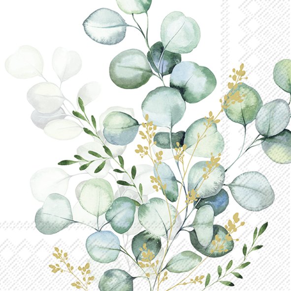 Eucalyptus Bouquet Gold Lunch Napkins, 20-pack, 33x33 cm, eco-friendly, elegant botanical design – Keans Claremorris