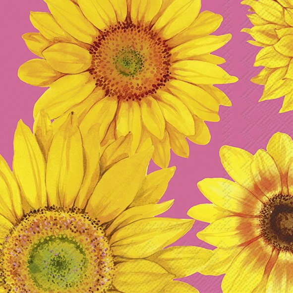 Joyful Sunflower Pink Lunch Napkins, 20-pack, 33x33cm, yellow sunflowers on pink, eco-friendly, Keans Claremorris.
