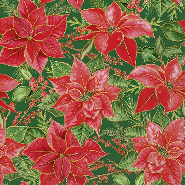 Classic Poinsettia Green Lunch Napkins - Image 1