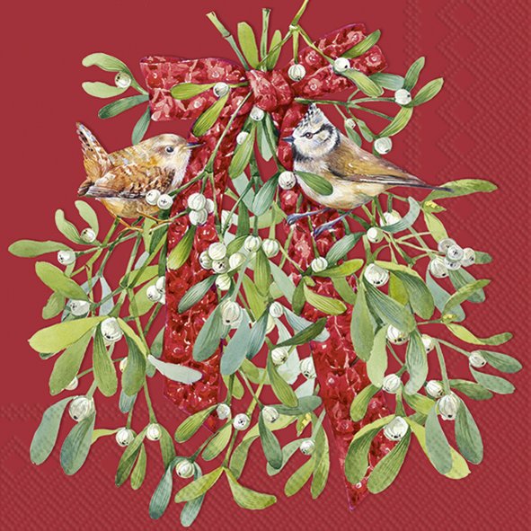 Birds In Mistletoe Red Lunch Napkins