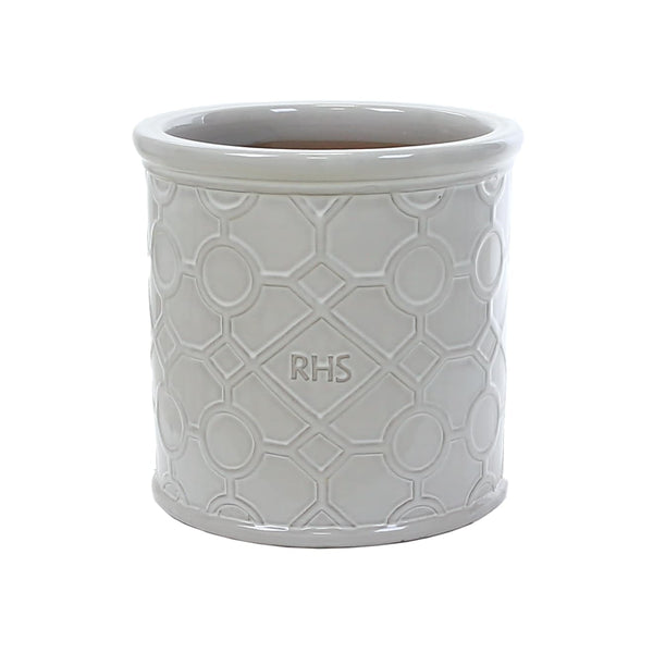 White 30cm RHS Lattice Cylinder planter, frost-proof, hand-finished, modern design – Keans Claremorris