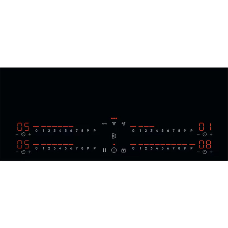 Electrolux 80cm induction extractor hob control panel with red digital touch controls and power levels displayed