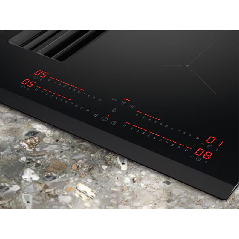 Close-up of Electrolux 80cm induction extractor hob control panel with red digital touch controls on black glass surface.