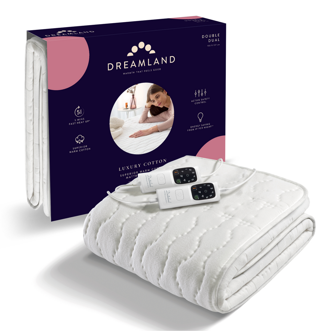 Dreamland Cosy Dreamer Superior Cotton Double Dual electric blanket folded with dual controllers and packaging box.