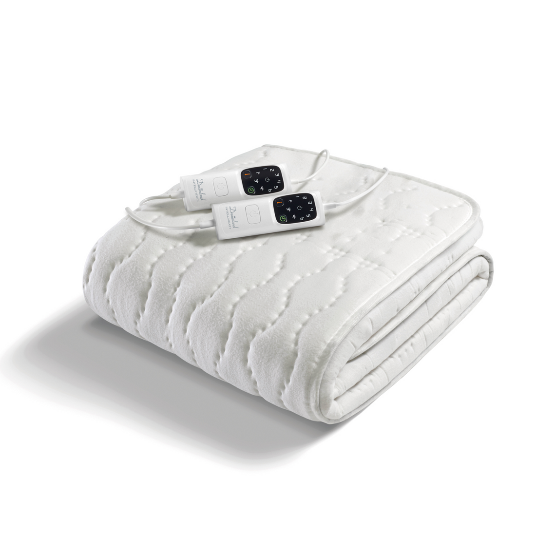 Folded white Dreamland Cosy Dreamer Superior Cotton electric blanket with two remote controls on top
