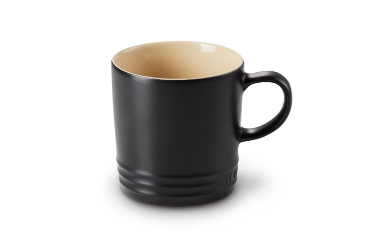 Le Creuset Stoneware Mug 350ml in Satin Black, durable, heat-retentive, scratch-resistant, available at Keans Claremorris.