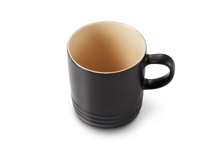 Le Creuset 350ml Satin Black Stoneware Mug, durable and stylish, available at Keans Claremorris.