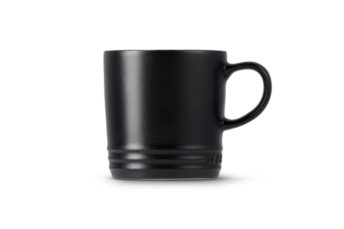Le Creuset 350ml Satin Black Stoneware Mug, durable and stylish, available at Keans Claremorris.